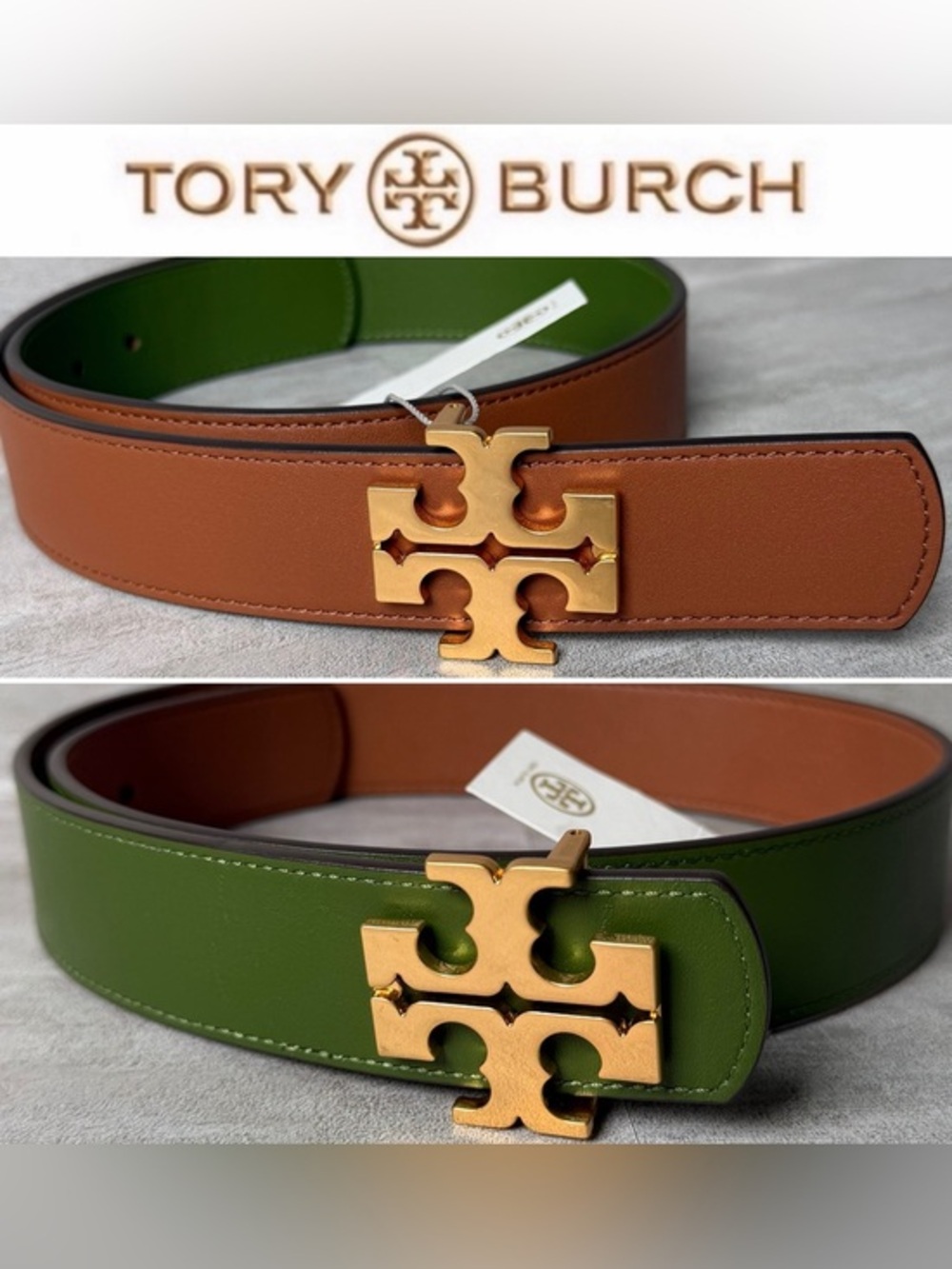 Tory Burch Reversible Logo Leather Belt Tan Brown Green NWT $198